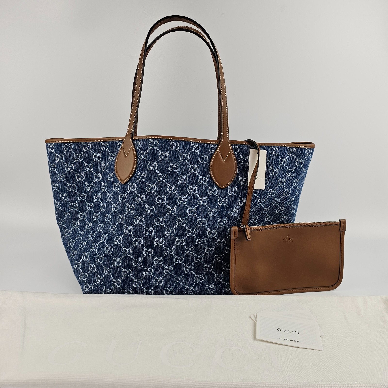 GUCCI Totissima Large $2290 Blue GG Denim Tote Bag New
