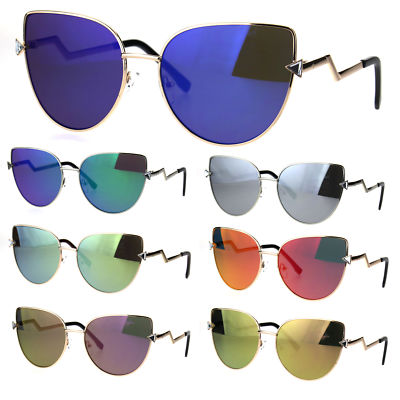 Color Mirror Goth Cat Eye Crooked Lightening Bolt Metal Sunglasses