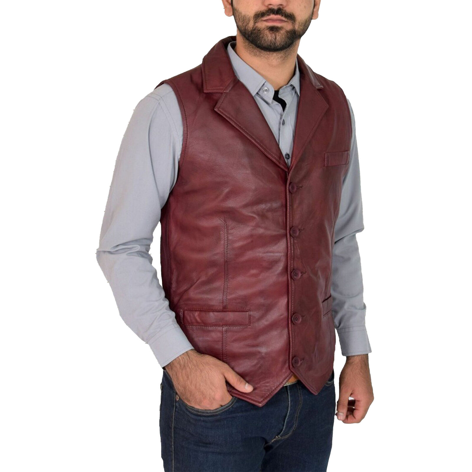 Mens Red Genuine Leather Motorcycle Vest/Slim Fit Sleeveless Jacket/Biker Vest - Picture 1 of 3