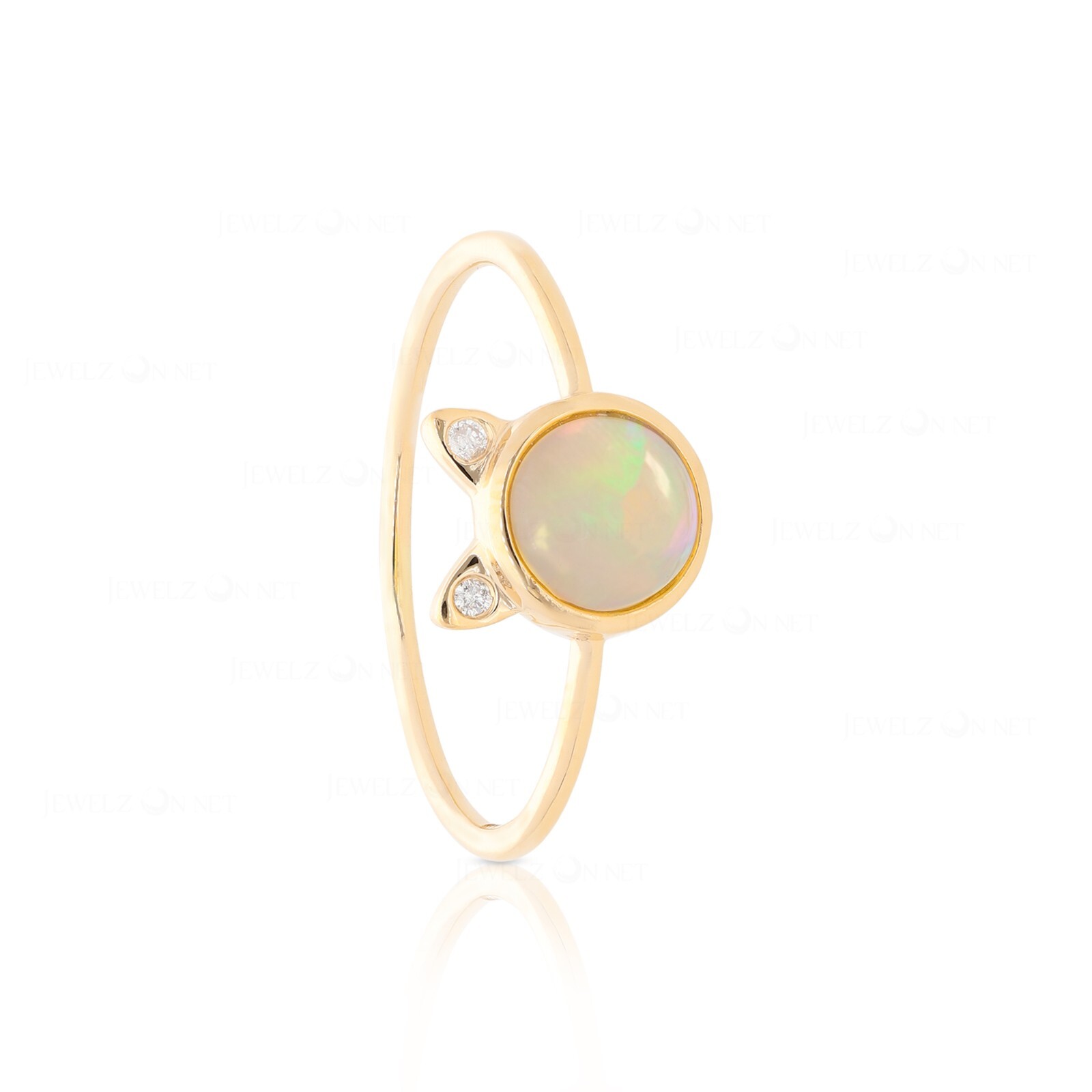 Pre-owned J.o.n 14k Gold Natural Diamond Opal Gemstone Feline (cat) Ring In White