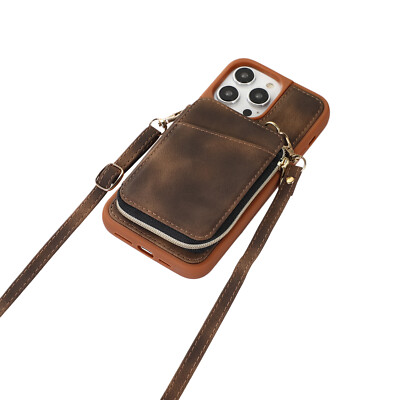 For iPhone 15 Pro Max 14 13 12 11 Zipper Pocket Leather Holder Crossbody Case