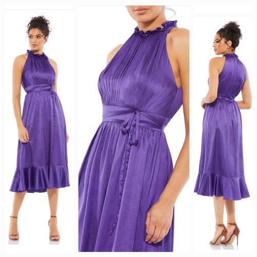 ★Mac Duggal★Purple エンパイア ウエスト 半袖 ミディドレス Purple Empire Waist Long Sleeve Bow Shoulder Gown - Mac Duggal