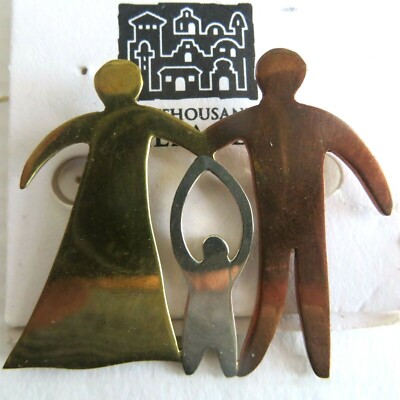 Ten Thousand Villages Medal Family Man woman child Handmade 2'' Wide Pin Brooch