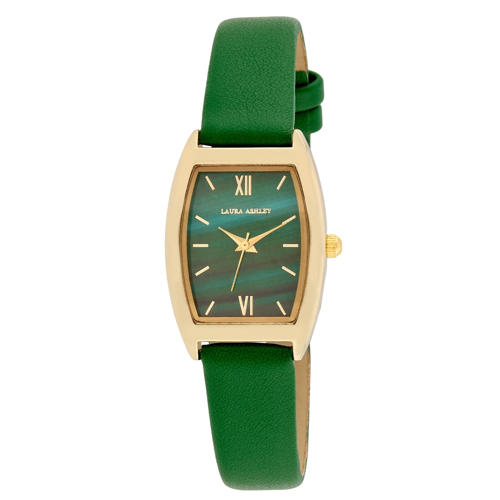 Pre-owned Laura Ashley Women's 24mm Tonneau Case Vegan Leather Strap Watch (la2090) In Gold/green
