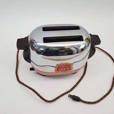 Vtg Magic Maid Toaster Chrome 2-Slice w/ Copper Base WORKING