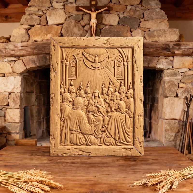 Pentecoste - Holy Spirit as Tongues of Fire Wood Carved Handmade Christian Icon