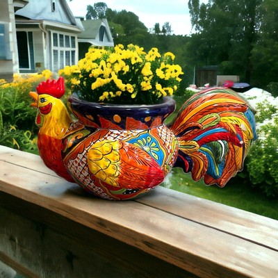Colorful Talavera Rooster Planter | Handcrafted Mexican Pottery (12'' Wide)