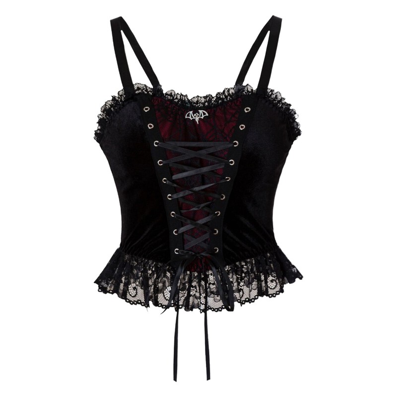 Womens Gothic Velvet Corset Top Front Lace-up Ruffled Lace Trim