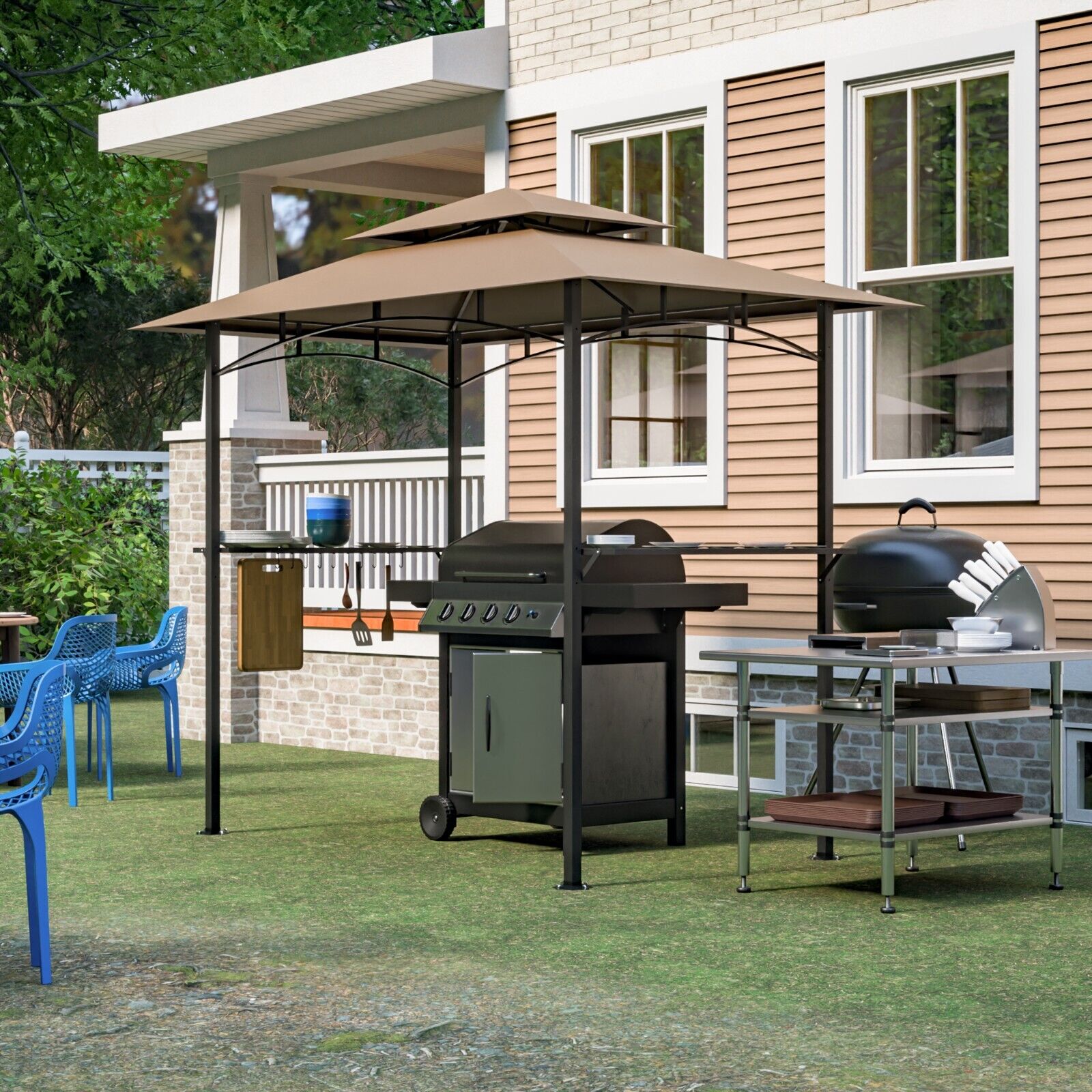 8 x 5 ft Outdoor Gazebo Steel BBQ Pergola Grill Canopy w/2-Tier Air Vent, Khaki