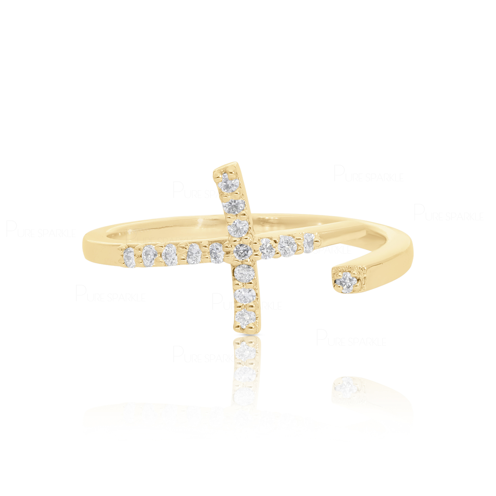 14K Gold 0.09 Ct. Lab-Created Diamond Jesus Cross Design Open Cuff Ring
