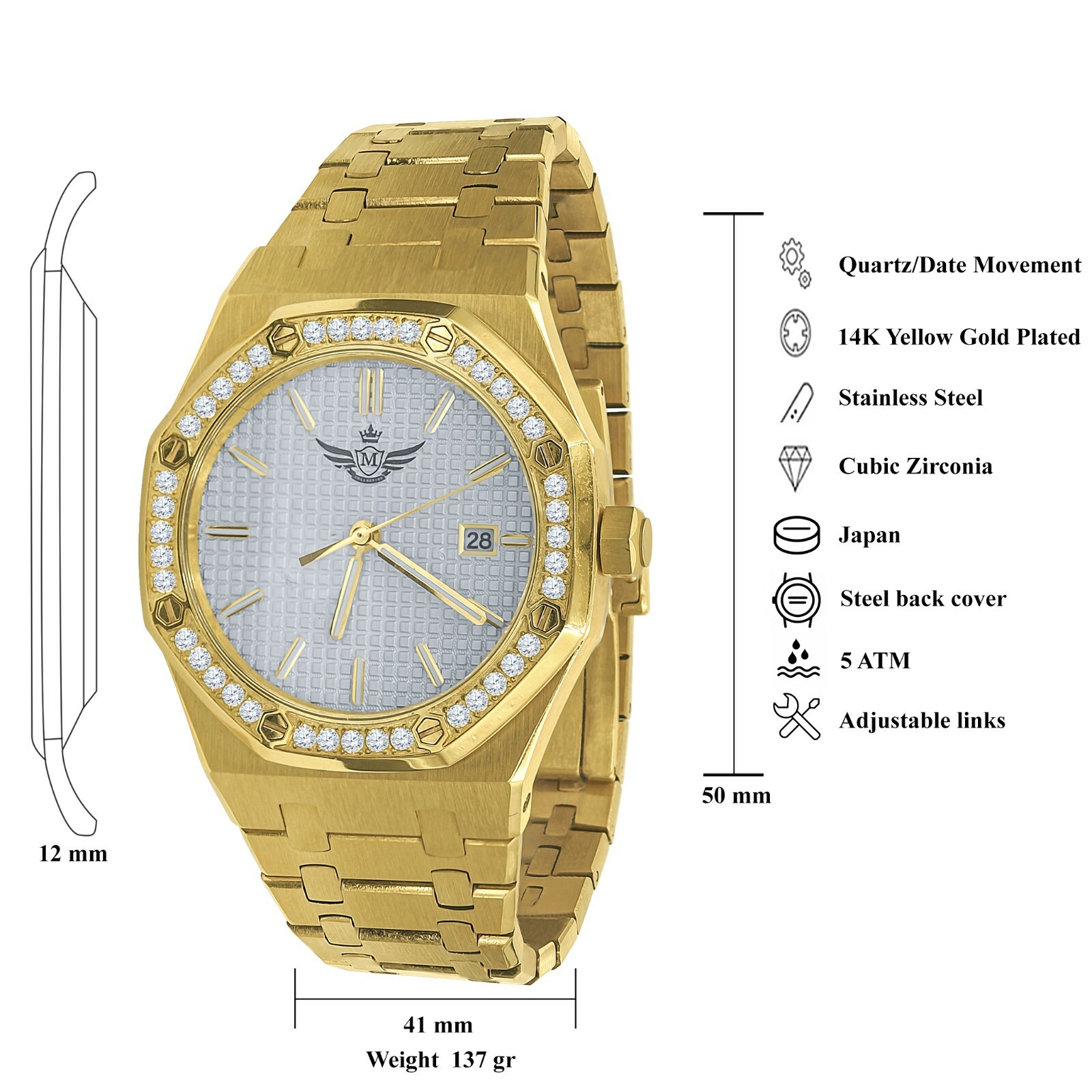 Pre-owned Bling Master Men's Full Steel Mop Dial 2 Tone Gold Finish W/date Simulated Diamond 42mm Watch