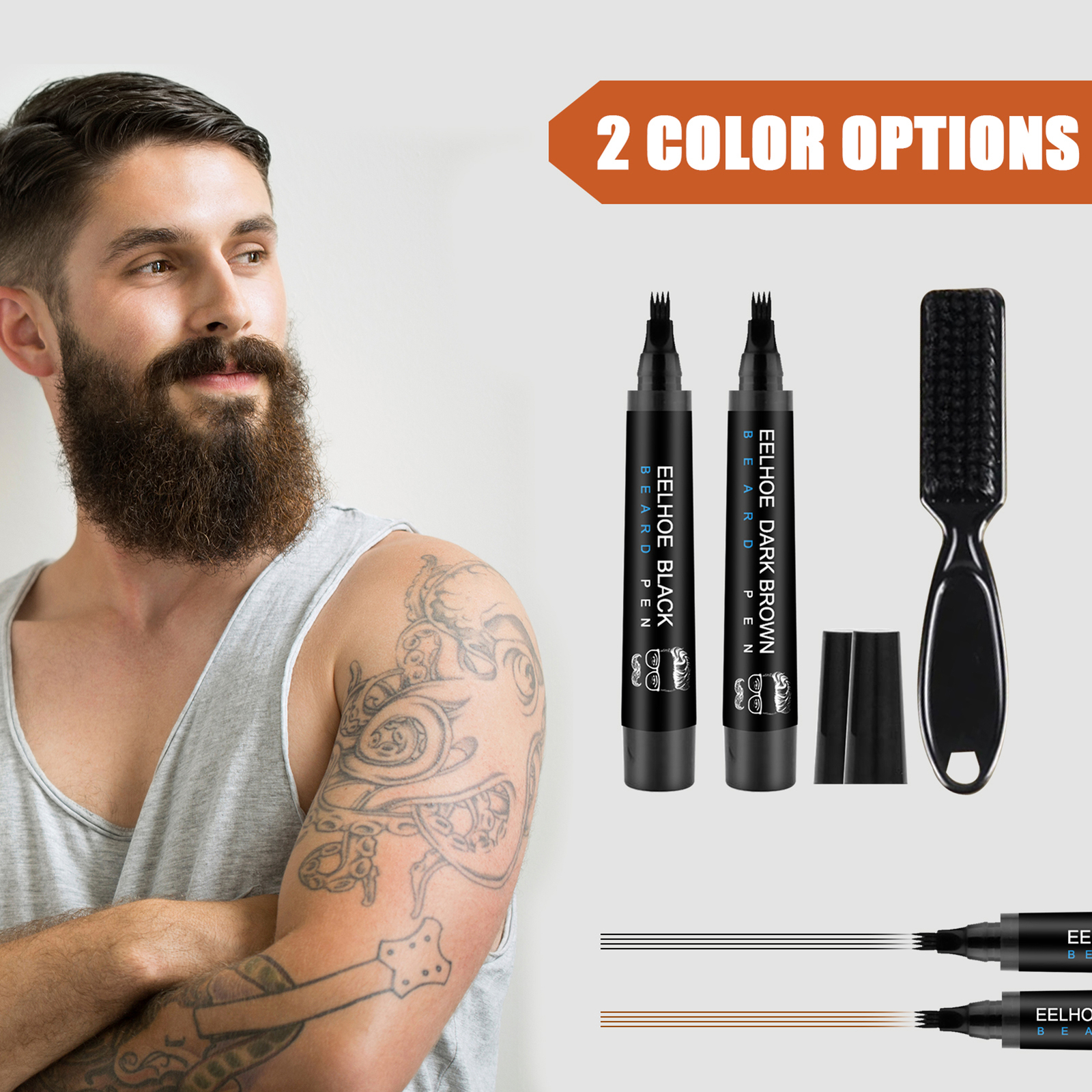 2 × Men Beard Filling Pen Hair Grower Filler Moustache Eyebrow Brush Tool Kit US