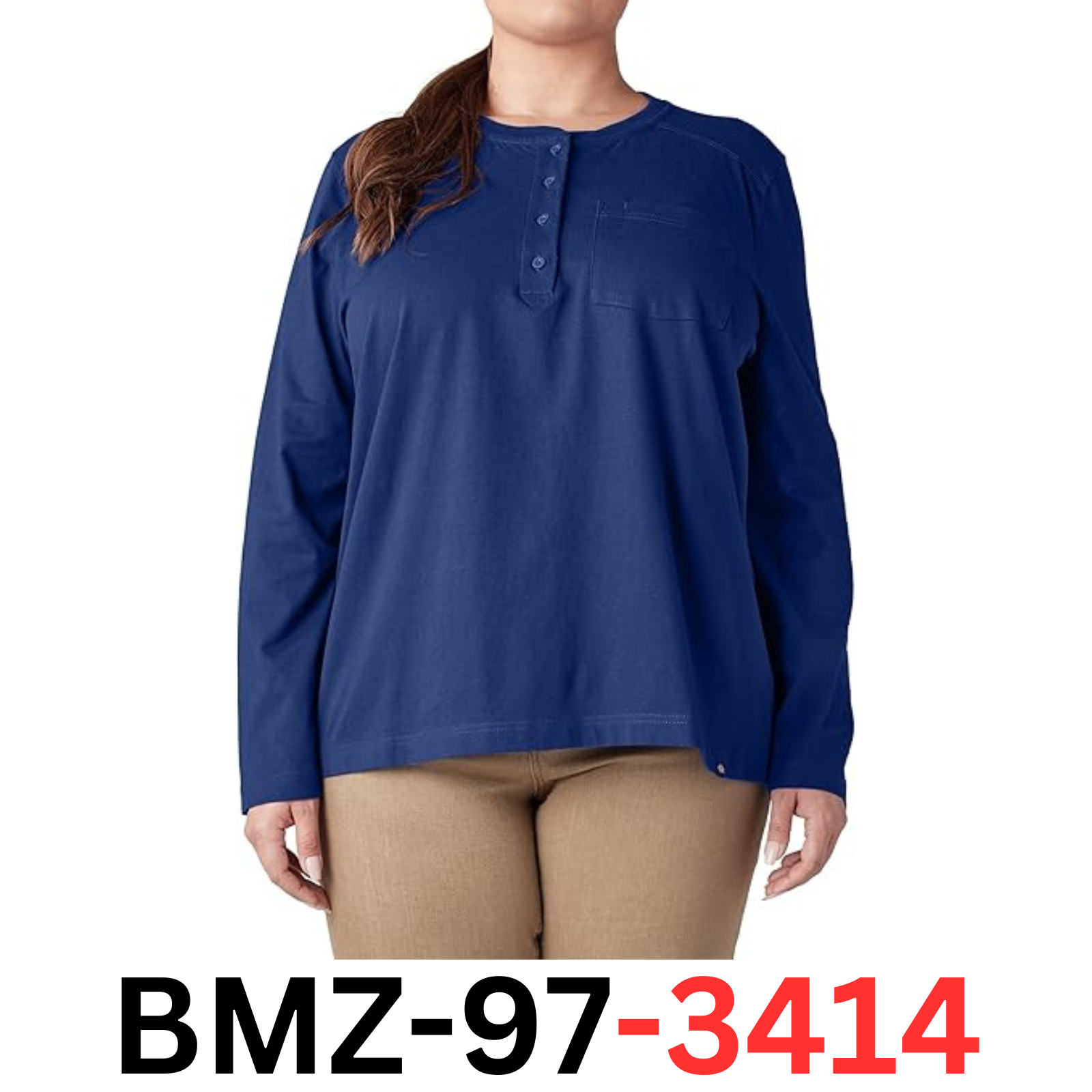 Dickies Women's Size Plus Heavyweight Henley, Blue, Size 1X