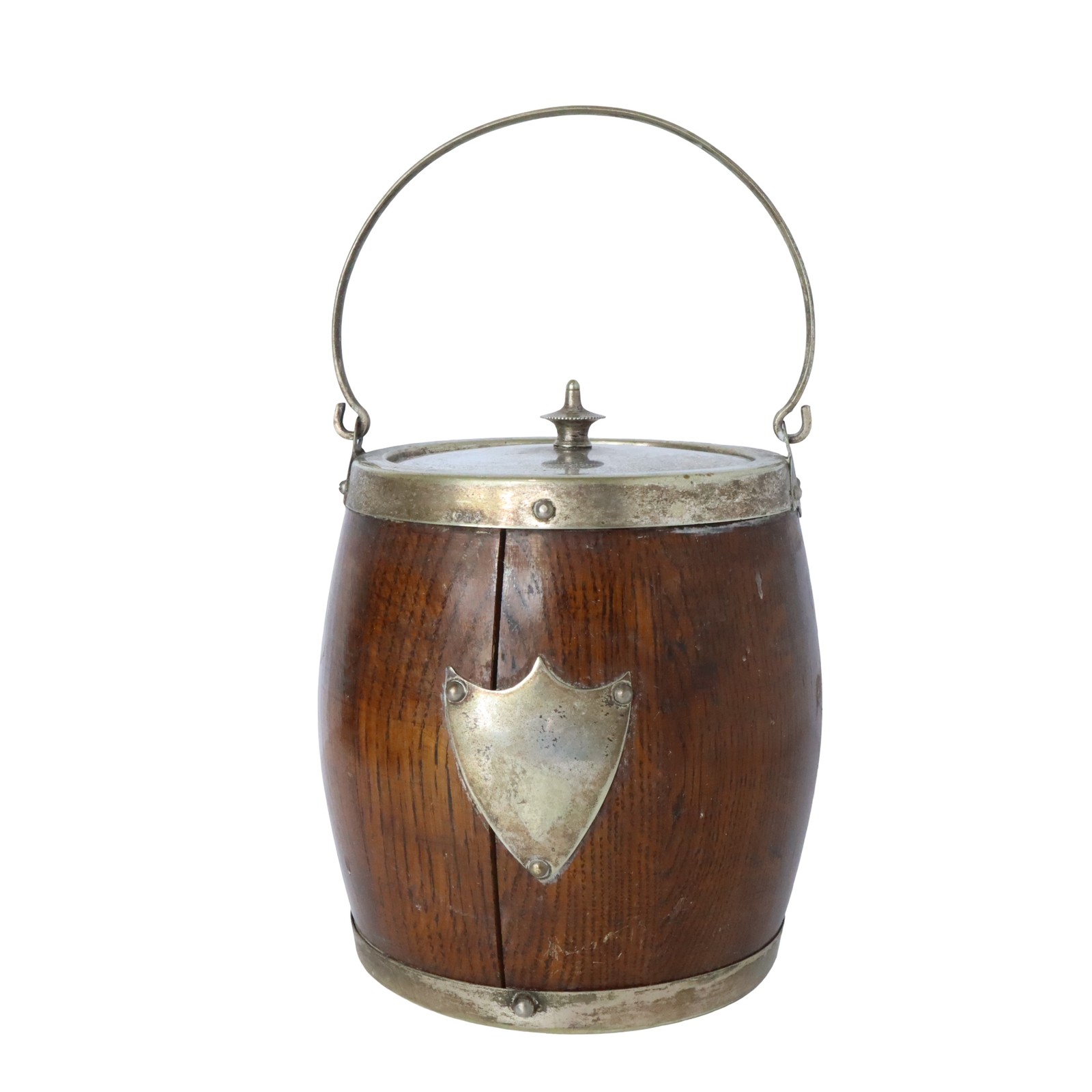Antique Edwardian English Oak Barrel Biscuit Jar EPNS Silver Plate England