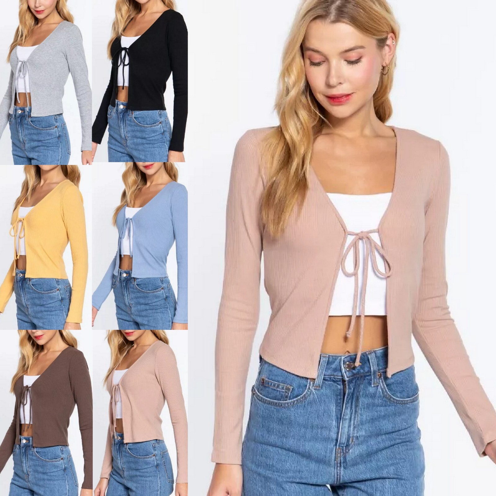 売れ筋商品|||ジェシカハワード ニット&セーター アウター レディース Open-Front Cropped Cardigan Natural Women Y2K Button Front Crop Sweater Cardigan Solid Color