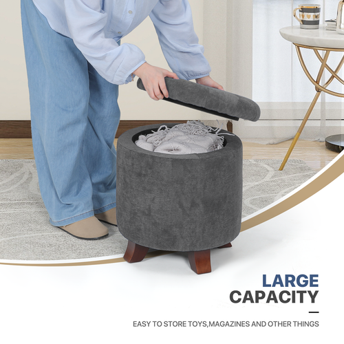 17" Dark Gray Lift Top Storage Ottoman Round Modern Tufted Footstool Wooden Legs