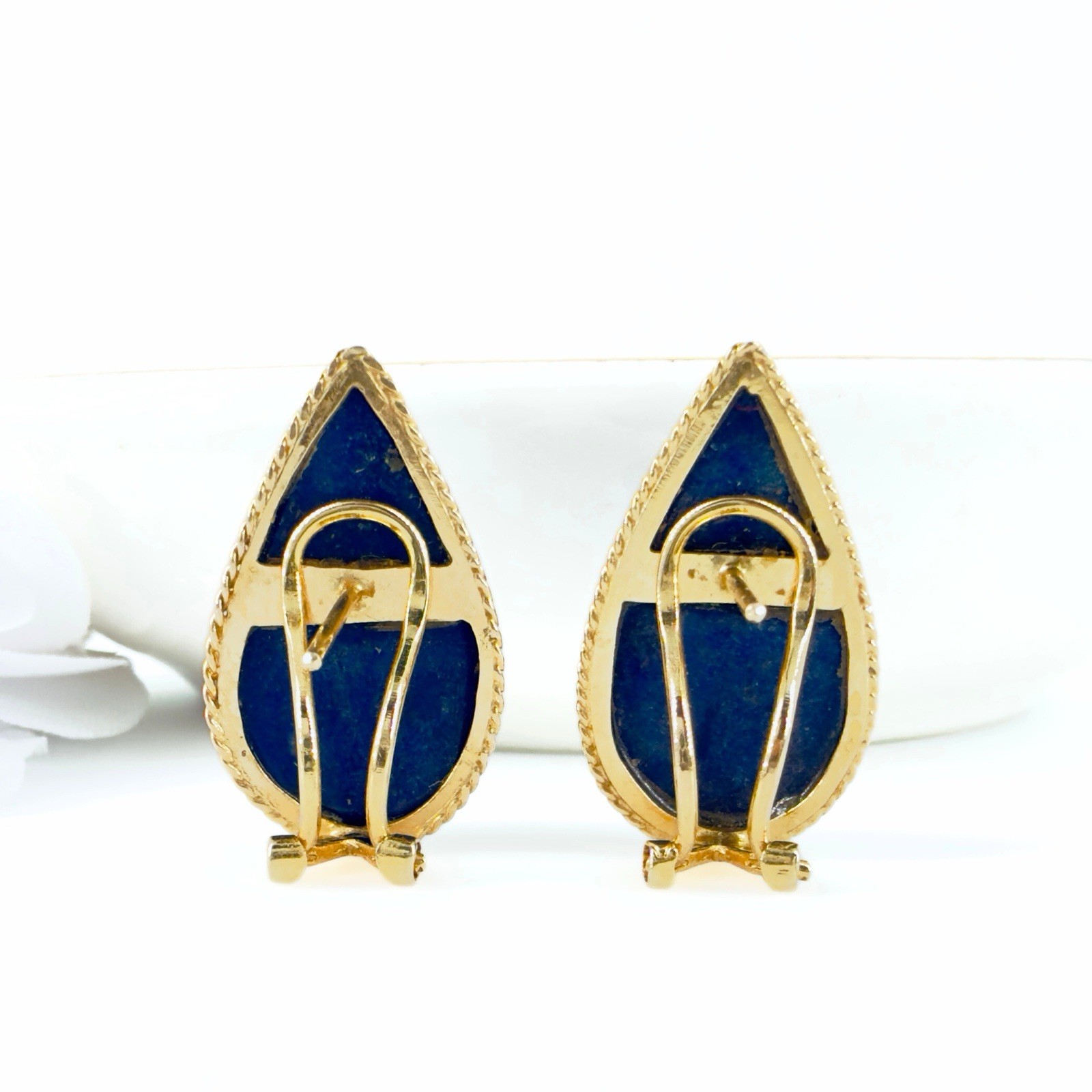 14k Yellow Gold Dark Blue Lapis Lazuli Omega Back Earrings, Preowned - Picture 10 of 13