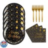 48PCS Happy Birthday Plates and Napkins Party Supplies, Black and Gold Disposable Paper Plates and Napkins with Forks Tableware Set for Birthday Party Decorations 16 Guests (Birthday Black)