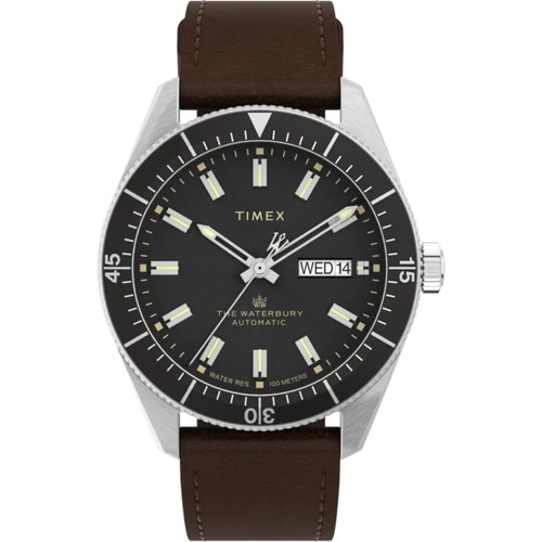 Pre-owned Timex Men's Watch The Waterbury Automatic Black Dial Leather Strap Tw2v24800