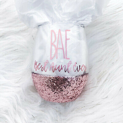 CHUNKY GLITTER BAE BEST AUNT EVER ROSE GOLD WINE GLASS 15 OZ GIFT FOR (Bae Best Aunt Ever)