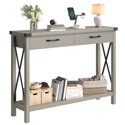 Modern Console Table with 2 Drawers, Long Narrow Sofa Table with Storage Shelves