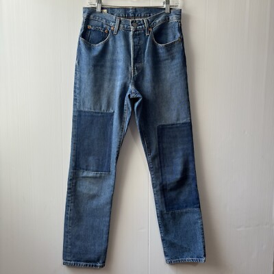 Levi's 501 Jeans Womens W27 L30 Blue Straight Patched Knees High Rise Button Fly