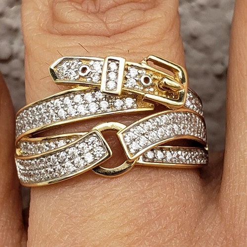 Pre-owned Buckle Wide Real 14k Yellow Gold Belt  Ring Size 56789 1.5 Carat Cz In White