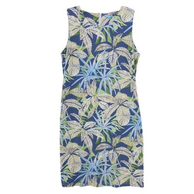 J. McLaughlin Sleeveless Dress Stretch Catalina Cloth Blue Green Leaf LARGE