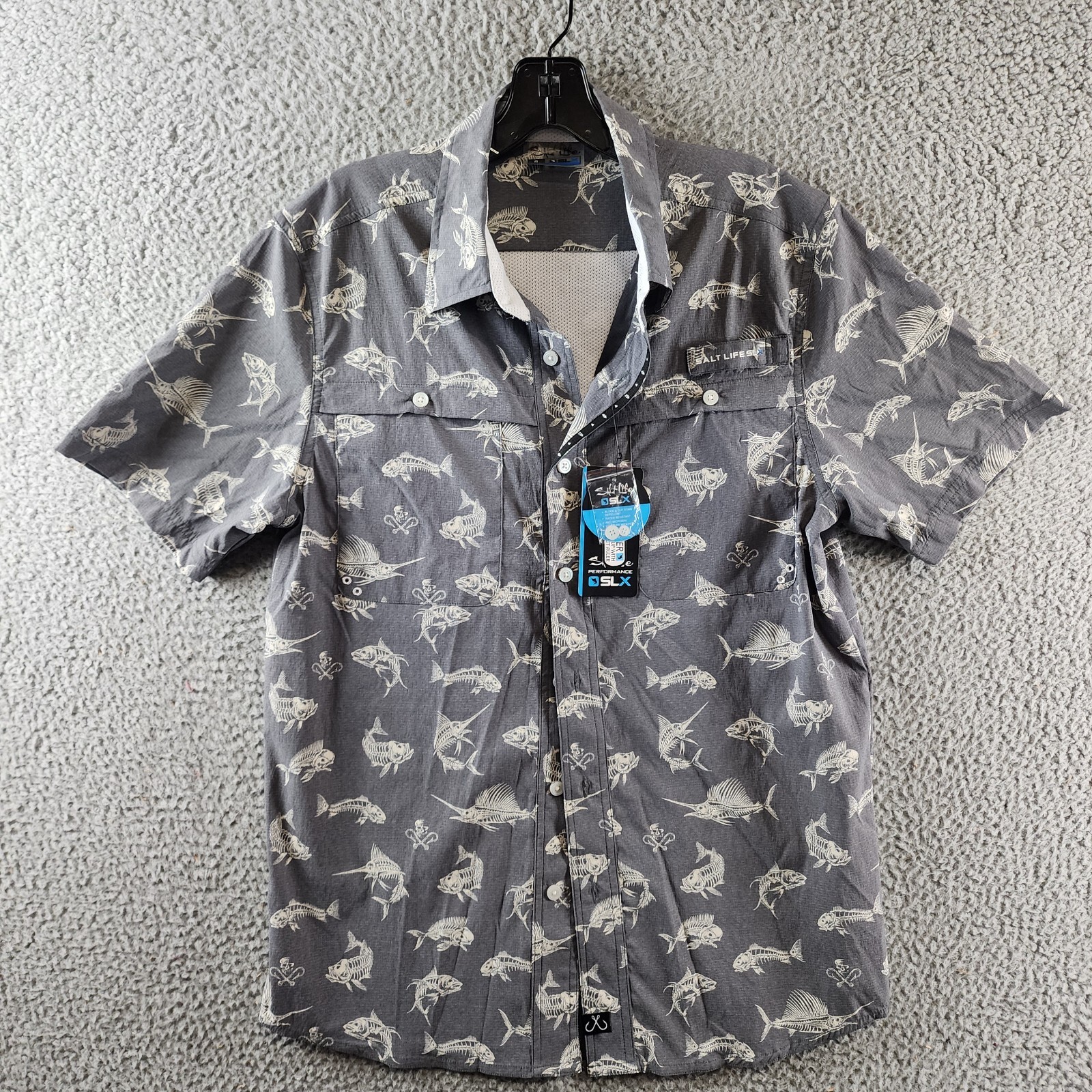 Salt Life Fish N Bones Short-Sleeve Button-Front Shirt Men's S Gray Collared - Picture 2 of 17