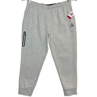 Reebok Mens Fleece Sweatpants Size 2XL-3XL Light Gray Cuffed Ankles Side Zip