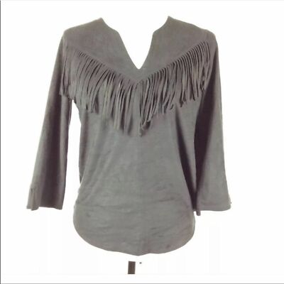 Express womens blouse size XS black suade fringe v neck long sleeve NWT $60