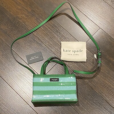 NWT! Kate Spade Sam Icon Stripe Sequin Mini Tote Seaside Green Bag With Dust Bag