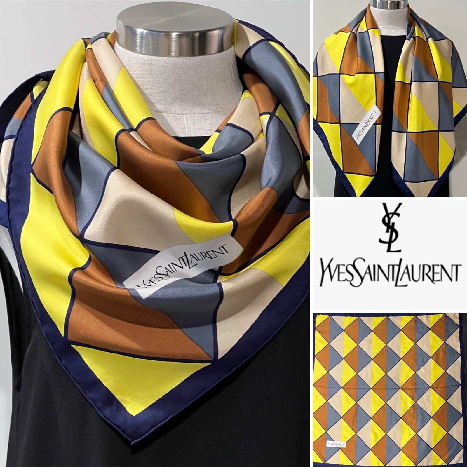 【新品】 YvessaintLauren YSL scarf スカーフ　silk Yves Saint Laurent scarf 78cm 29″ square silk flower navy