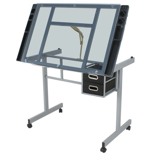 Adjustable Drafting Table Art Desk Drawing Table Glass Tabletop w/2 Slide Drawer