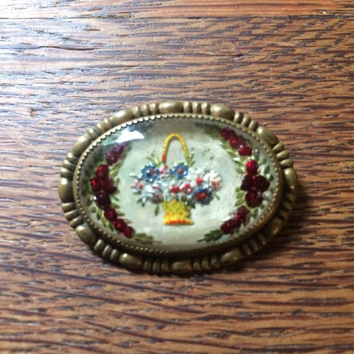 Victorian enamel brooch - oval brooch - vintage pin - flowers - basket - floral