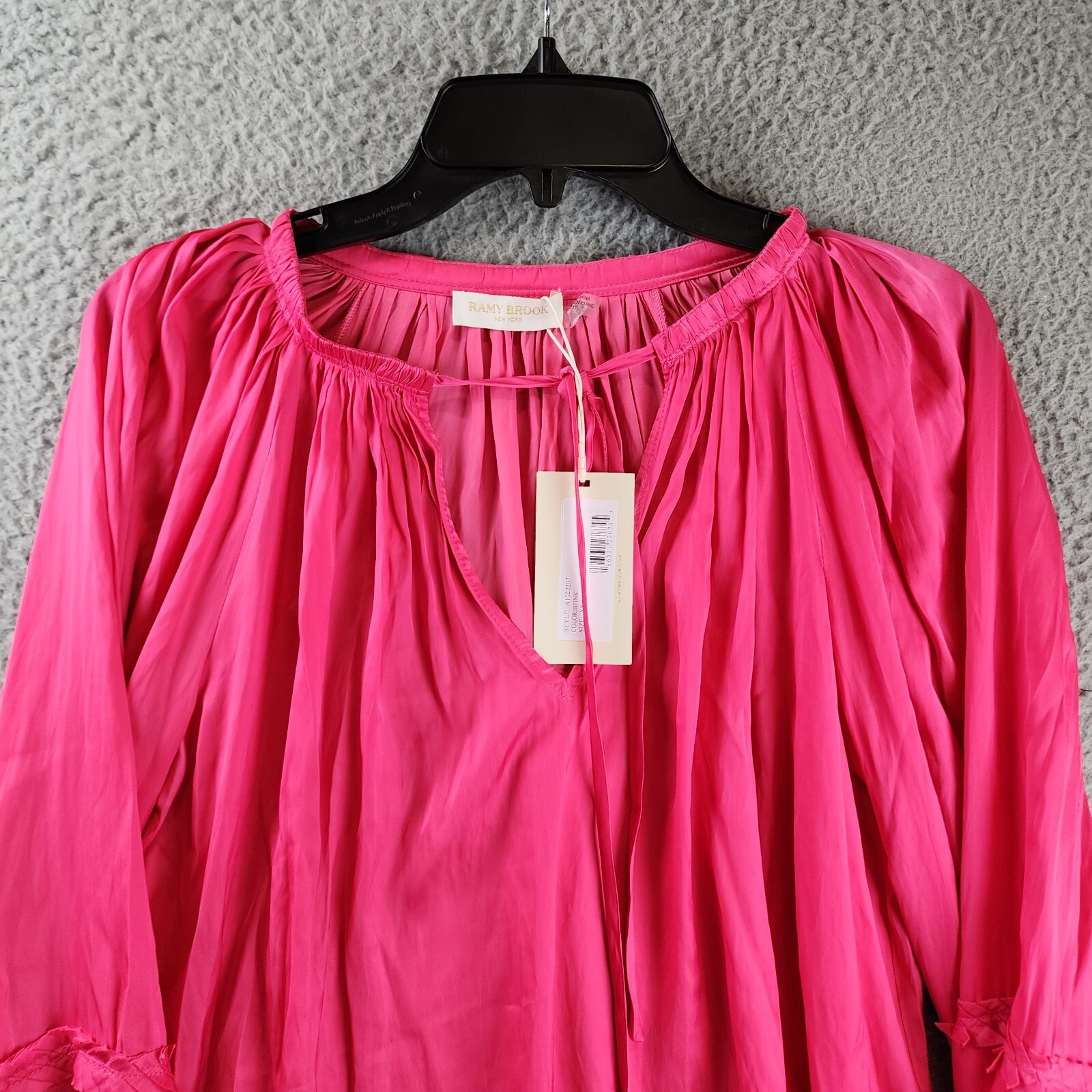 Ramy Brook Maty Balloon Sleeve Top Women's XS Bright Pink V-neck Tie Pullover~ - Picture 3 of 12