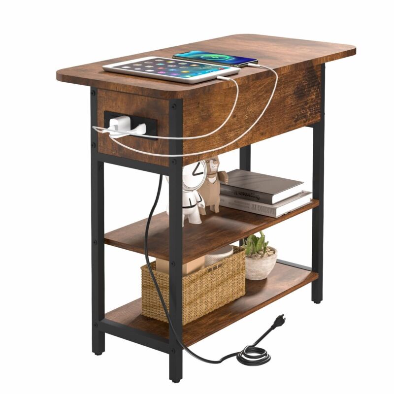 End Table with Charging Station, Flip Top Side Table with USB Ports and Outlets,