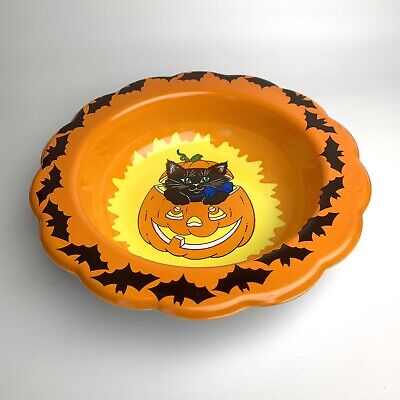 VTG BERMAN INDUSTRIES Halloween Candy Dish Bowl Black Cat Pumpkin Bats Kitsch GC