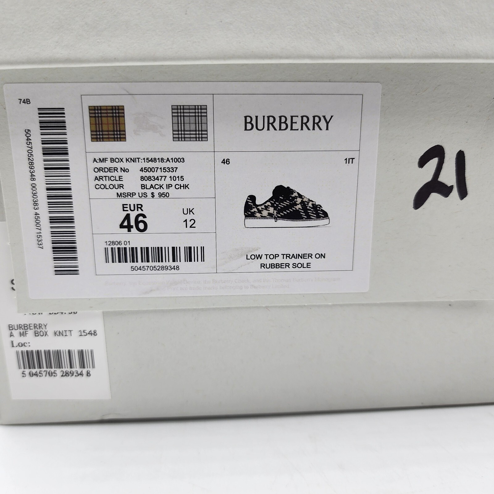 Burberry Check Knit Box Low-Top Sneakers Men's 46/13 US Black/White Lace Up - Picture 4 of 17