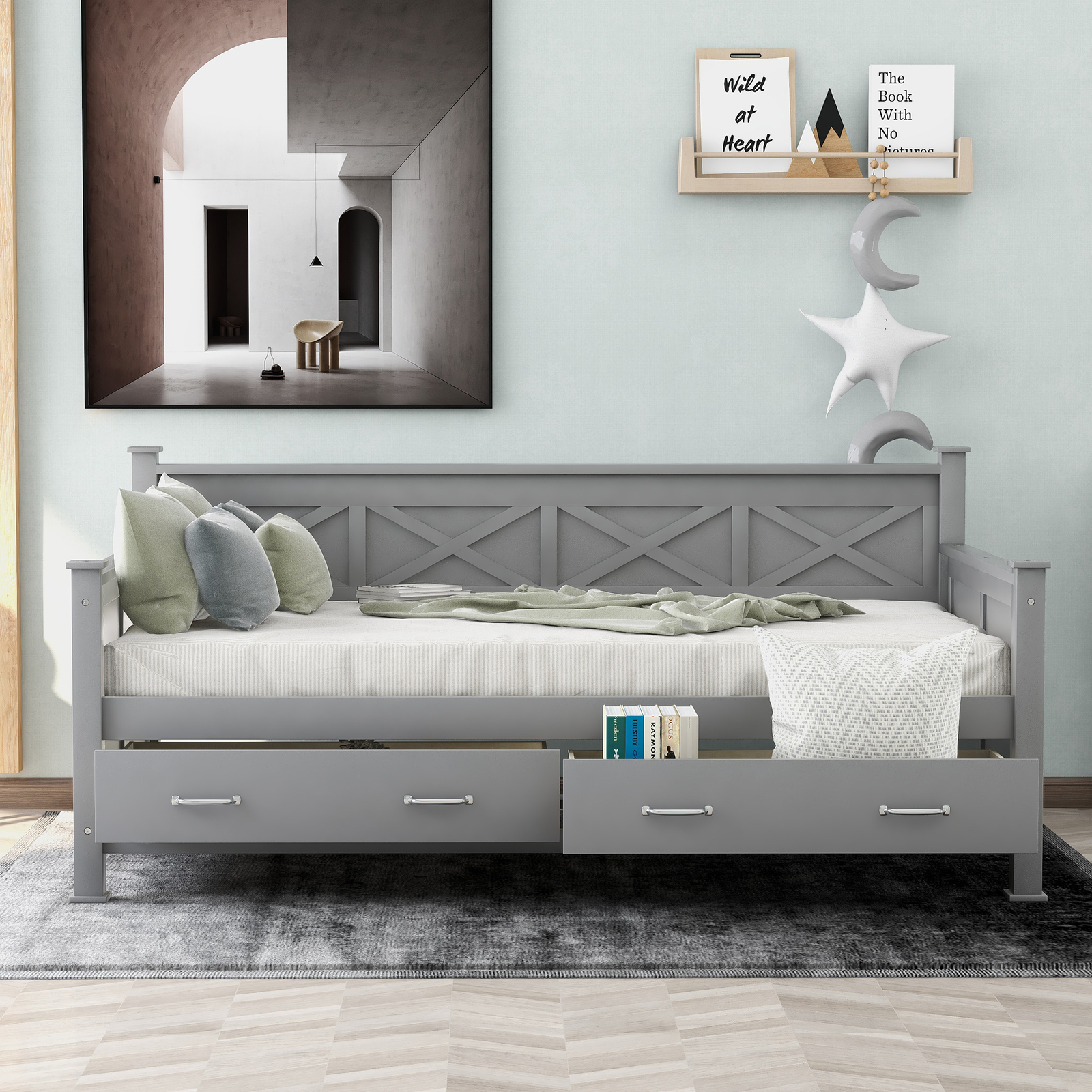 Home Twin Size Daybed with 2 Large Drawer Modern & Rustic Ca