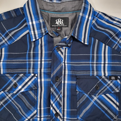 Rock & Republic Men's Small Blue Plaid Short Sleeve Button Up Shirt