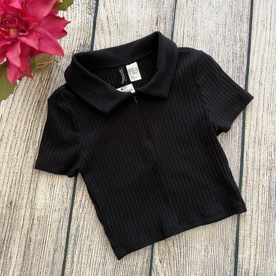 B5 -- NWT black DIVIDED H&M short sleeve zip collared ribbed women's crop top XS