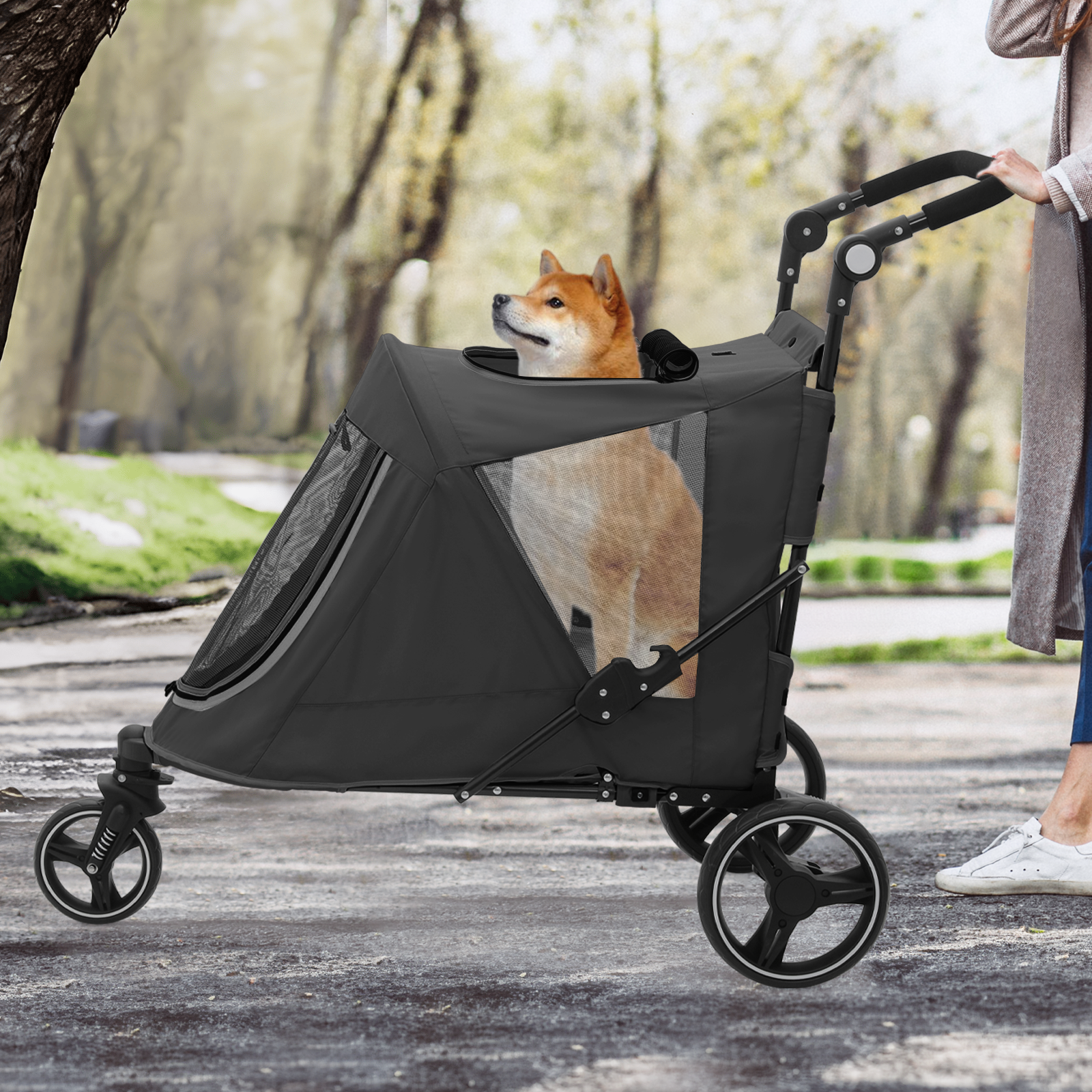 Folding 3-Wheel Dog Stroller Breathable Pet Travel Carrier w/Skylight+Wheel Lock