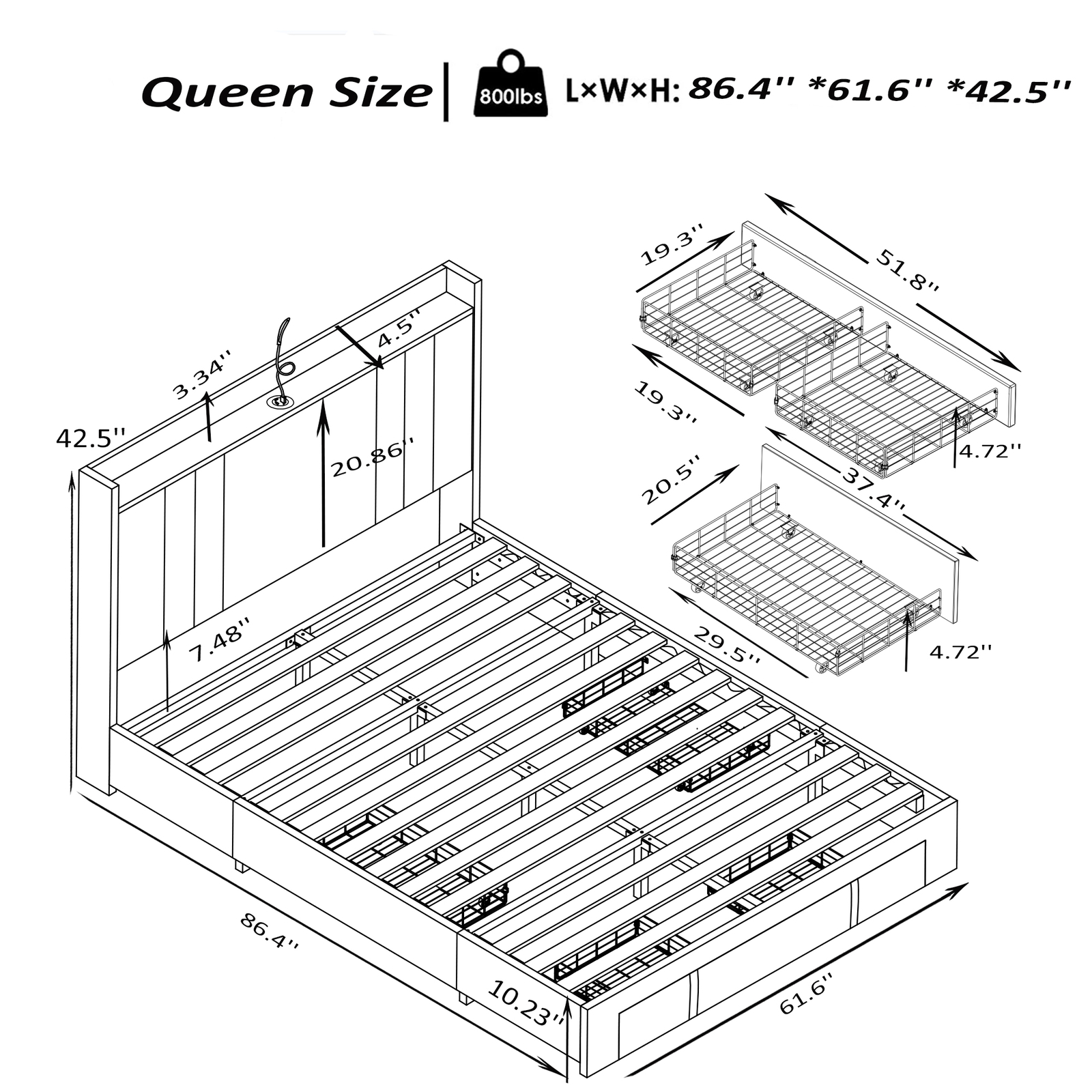 Queen size bed frame with storage and headboard Type C & USB C Ports, drawers.