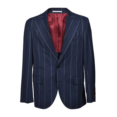 Pre-owned Brunello Cucinelli Men's Striped Navy Coitton 3 Button Casual Blazer In Blue