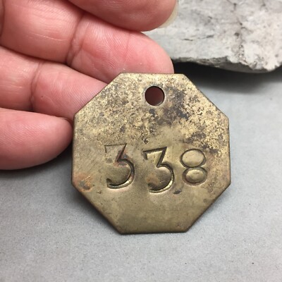 Coal Miner ID In / Out Tag #338 Brass Metal Octagon 1.5'' Vintage Mining