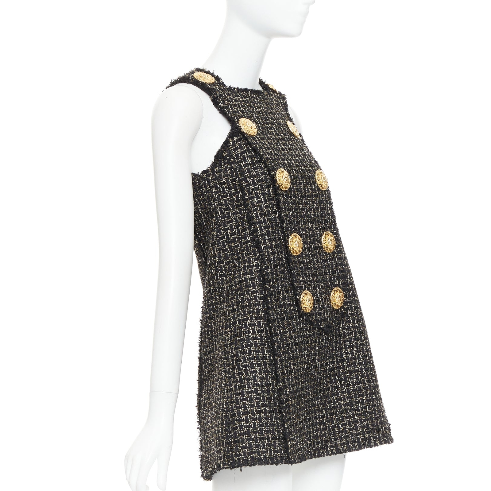 BALMAIN black gold Lion Heart metallic tweed Aline swing