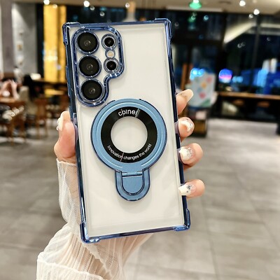 For Samsung S24 Ultra S23 FE S23+ S22 Magnetic Mag Safe Ring Stand Clear Case