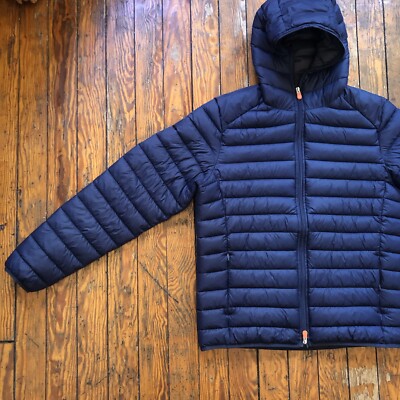 Save The Duck Ultra Light Hooded Puffer Jacket Mens Large Navy Blue Quilted