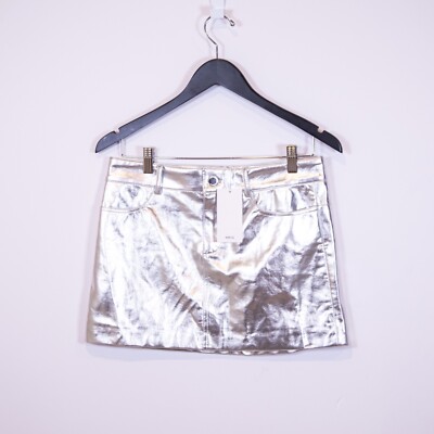 NEW MNG Mango Silver Metallic Faux Vegan Leather Mini Party Skirt Small